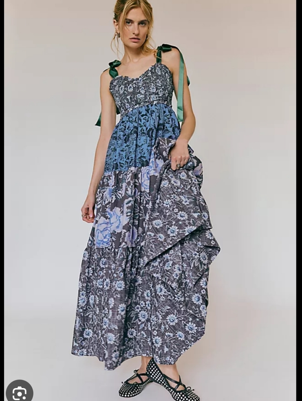 NWT Sz L Free People Blue and Green Floral Tiered Maxi Dress